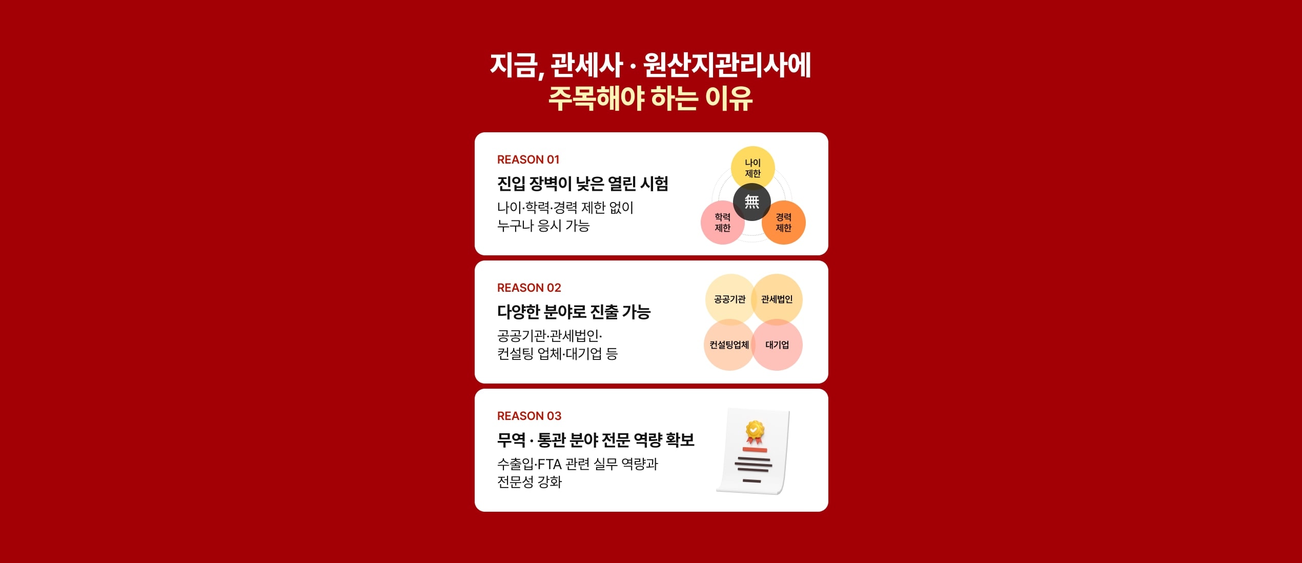 지금, 관세사·원산지관리사에 주목해야 하는 이유. 진입 장벽이 낮은 열린 시험, 다양한 분야로 진출 가능, 무역·통관 분야 전문 역량 확보