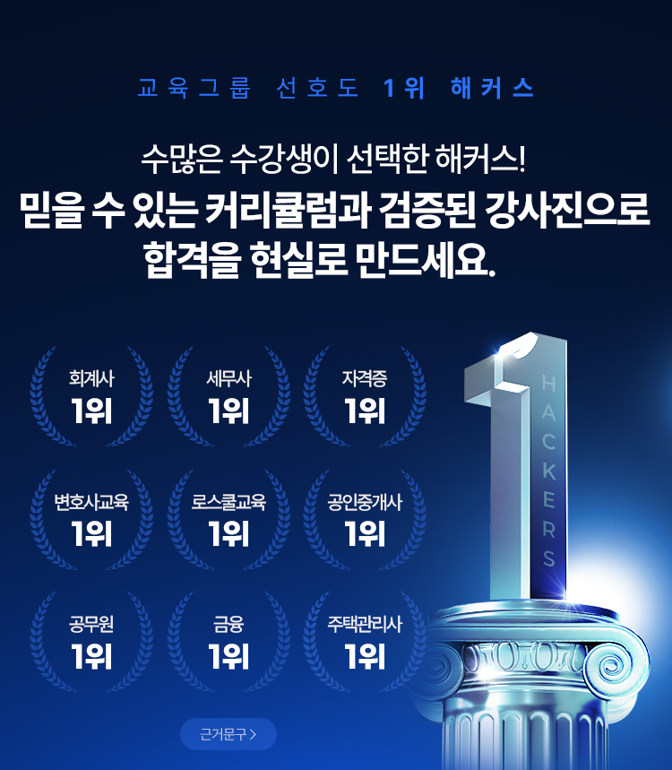 교육그룹 선호도 1위 해커스 - 수많은 수강생이 선택한 해커스! 믿을 수 있는 커리큘럼과 검증된 강사진으로 합격을 현실로 만드세요.