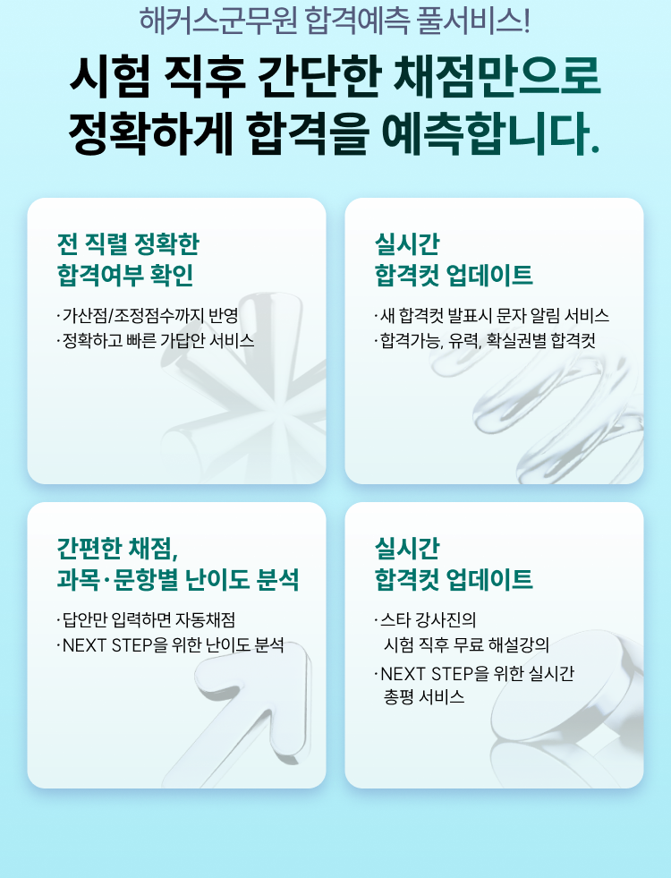 시험 직후 간단한 채점만으로 정확하게 합격을 예측합니다.