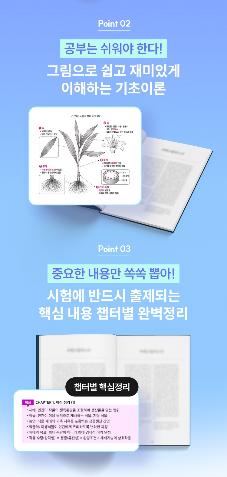 Point 02 공부는 쉬워야 한다! 그림으로 쉽고 재미있게 이해하는 기초이론. Point 03 중요한 내용만 쏙쏙 뽑아! 시험에 반드시 출제되는 핵심 내용 챕터별 완벽정리